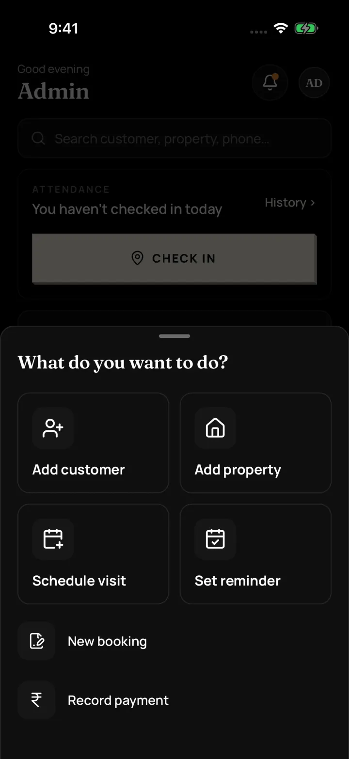 The + menu in DreamToBuy: Add customer, Add property, Schedule visit, Set reminder, plus New booking and Record payment for builders