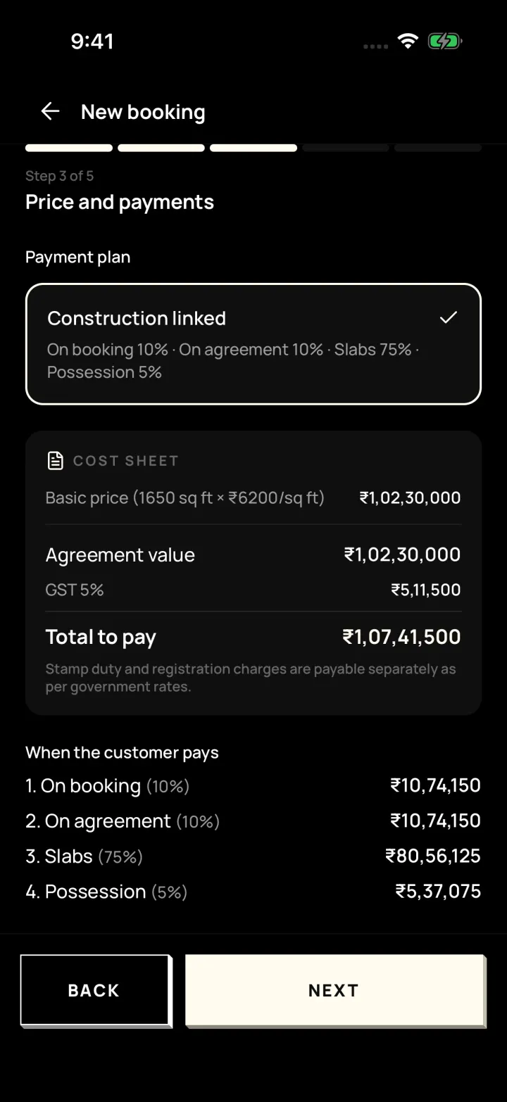 New booking step 3 of 5 in DreamToBuy: construction-linked payment plan, cost sheet with GST and amounts due at each stage