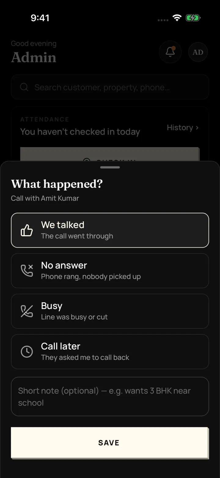 The "What happened?" sheet after a call in DreamToBuy: We talked, No answer, Busy or Call later, with a short note