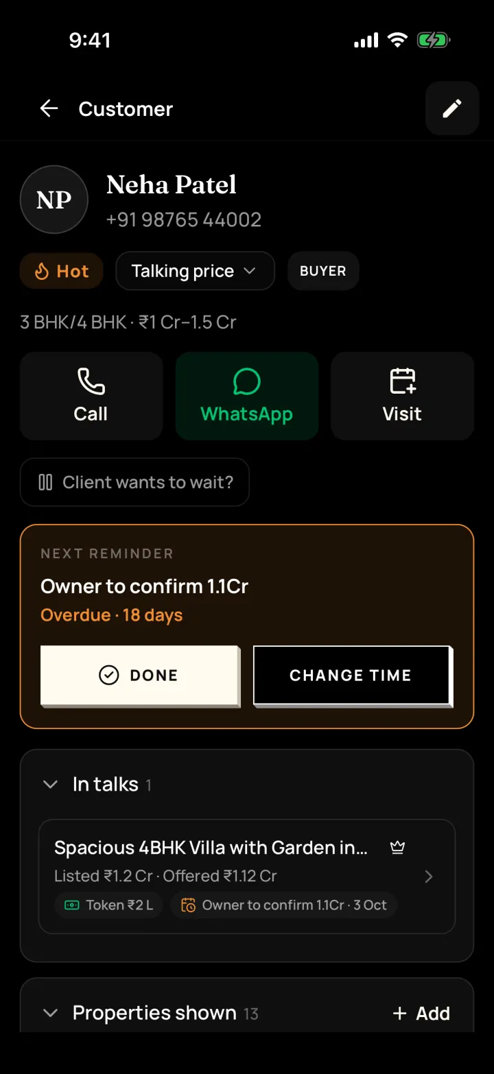 A buyer's page in DreamToBuy with Hot and Talking price tags, Call, WhatsApp and Visit buttons, the next reminder and a deal in talks with offer and token