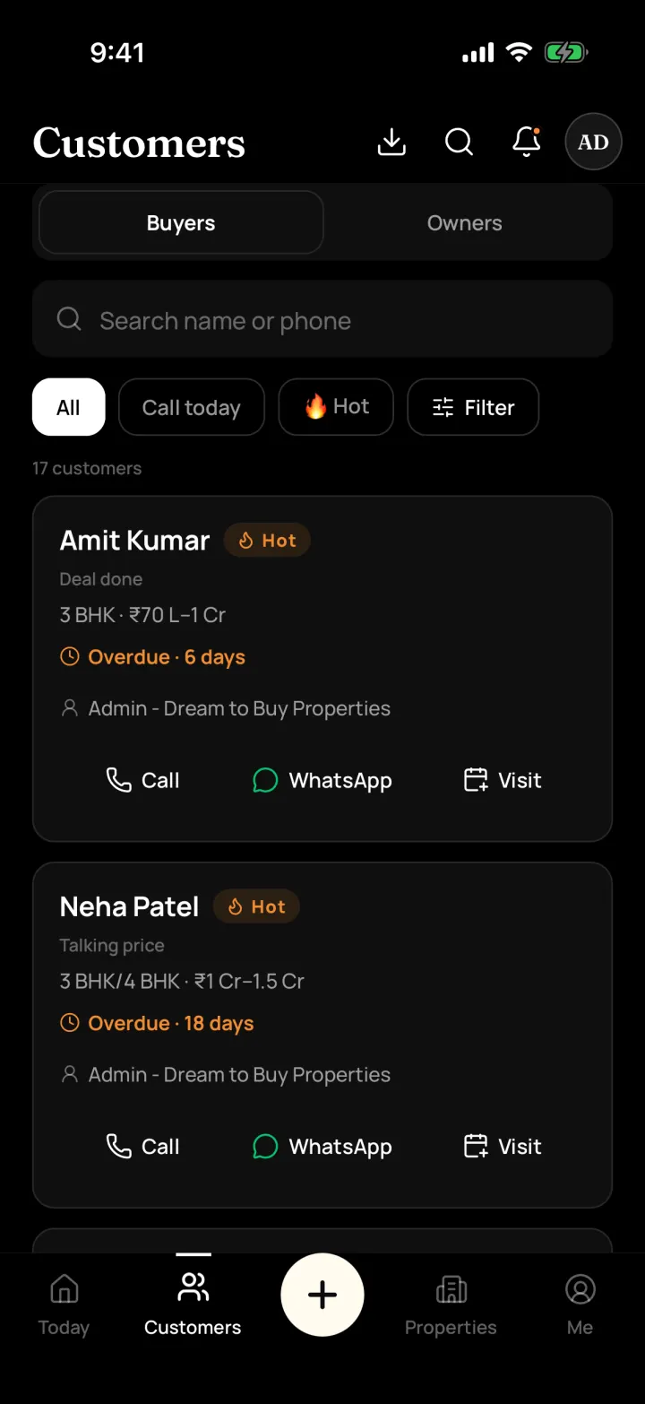 Customers list in DreamToBuy with Buyers and Owners tabs, Hot tags, overdue call-backs and Call, WhatsApp and Visit buttons on each customer