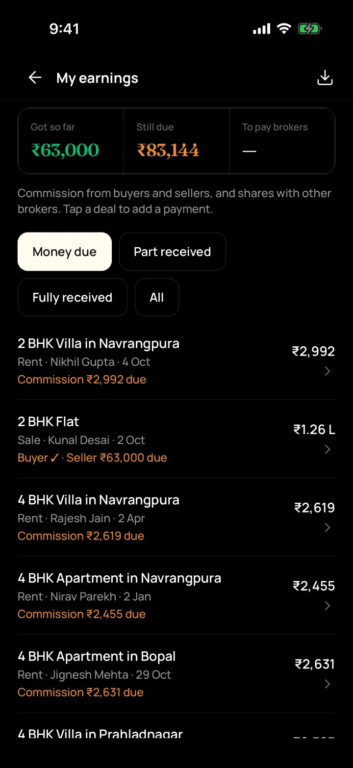 My earnings screen in DreamToBuy showing commission got so far, still due, and each deal's commission