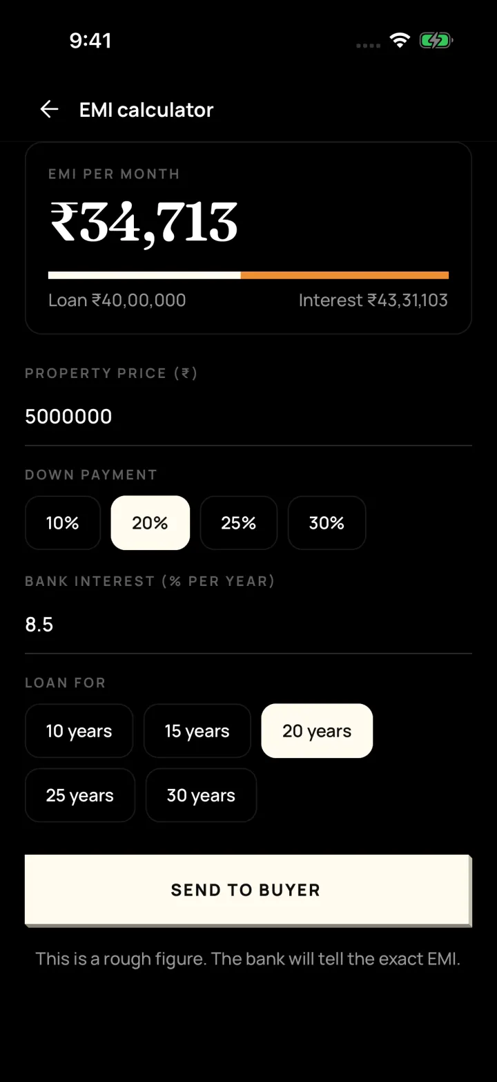 EMI calculator in DreamToBuy with property price, down payment, bank interest and loan years, and a Send to buyer button