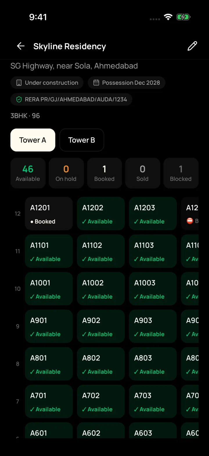 Builder project in DreamToBuy: a floor-by-floor unit grid for Tower A with available, booked and blocked units