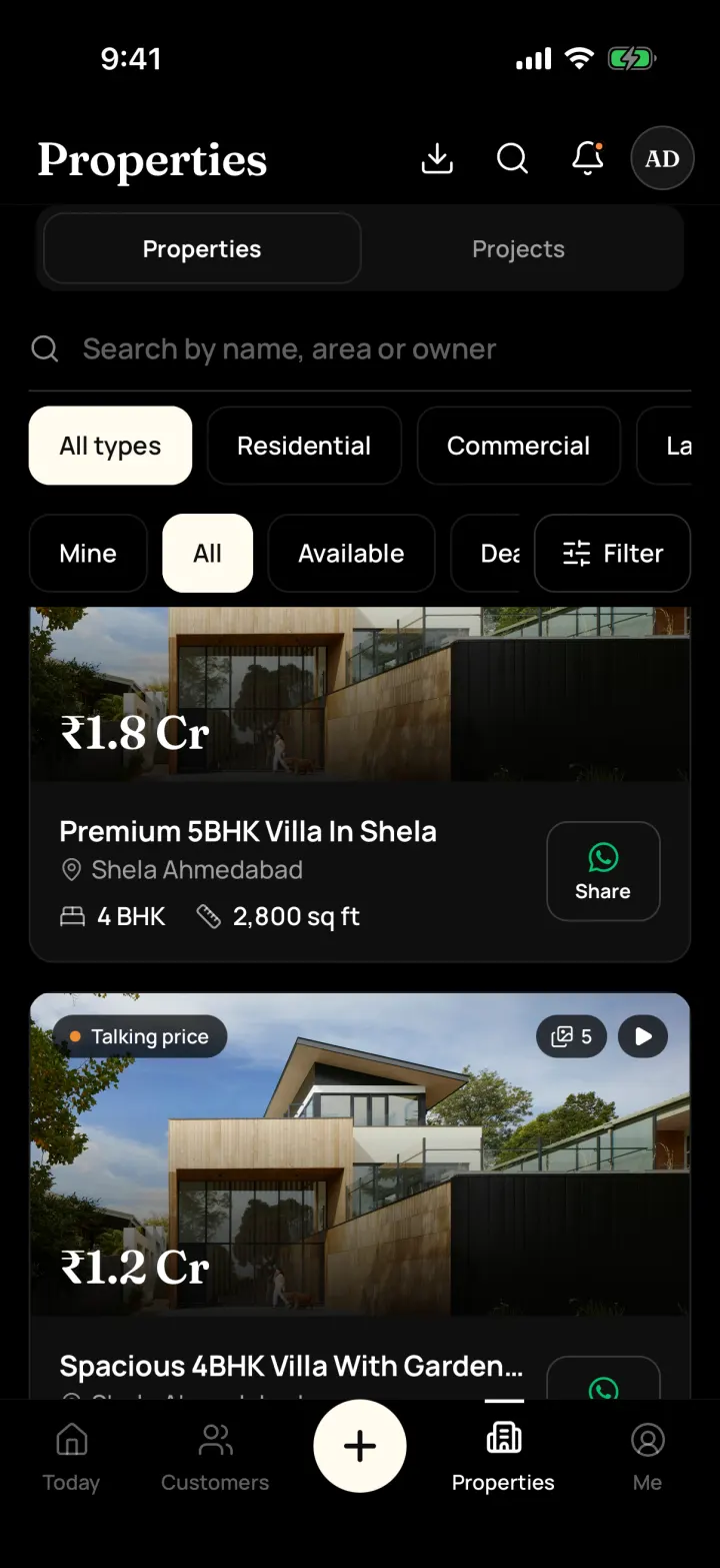 Properties list in DreamToBuy with photo, price, BHK, size, status and a WhatsApp Share button on each property