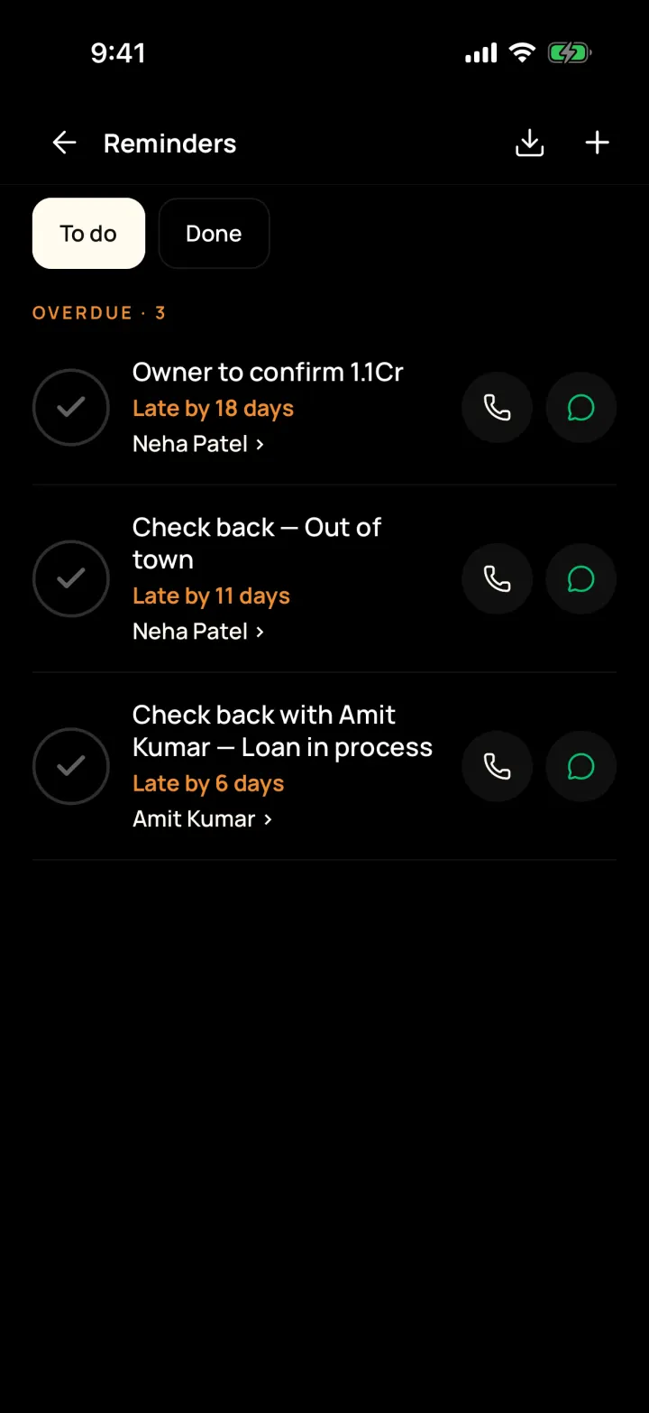 Reminders screen in DreamToBuy with overdue call-backs, each with Call and WhatsApp buttons
