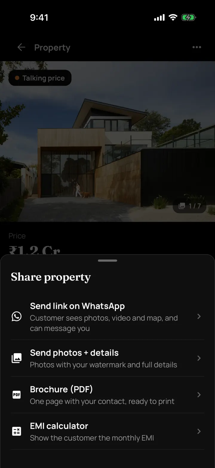 Share property options in DreamToBuy: send link on WhatsApp, send photos and details, or a PDF brochure