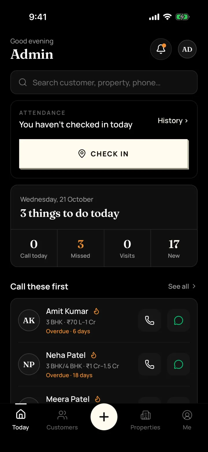 DreamToBuy Today screen in the app's dark design: attendance check-in, things to do today (call today, missed, visits, new) and hot customers to call first