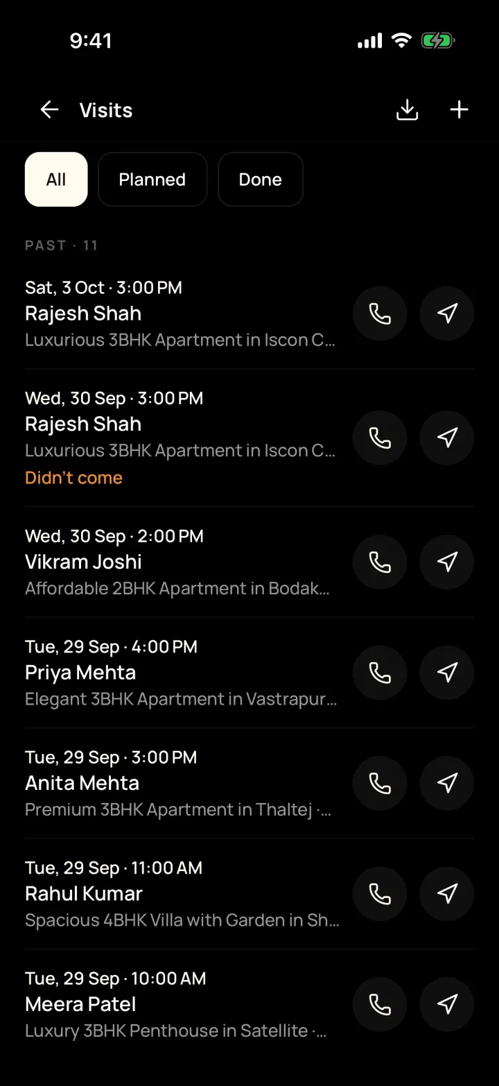 Site visits list in DreamToBuy with date, time, customer and property, and Call and Directions buttons